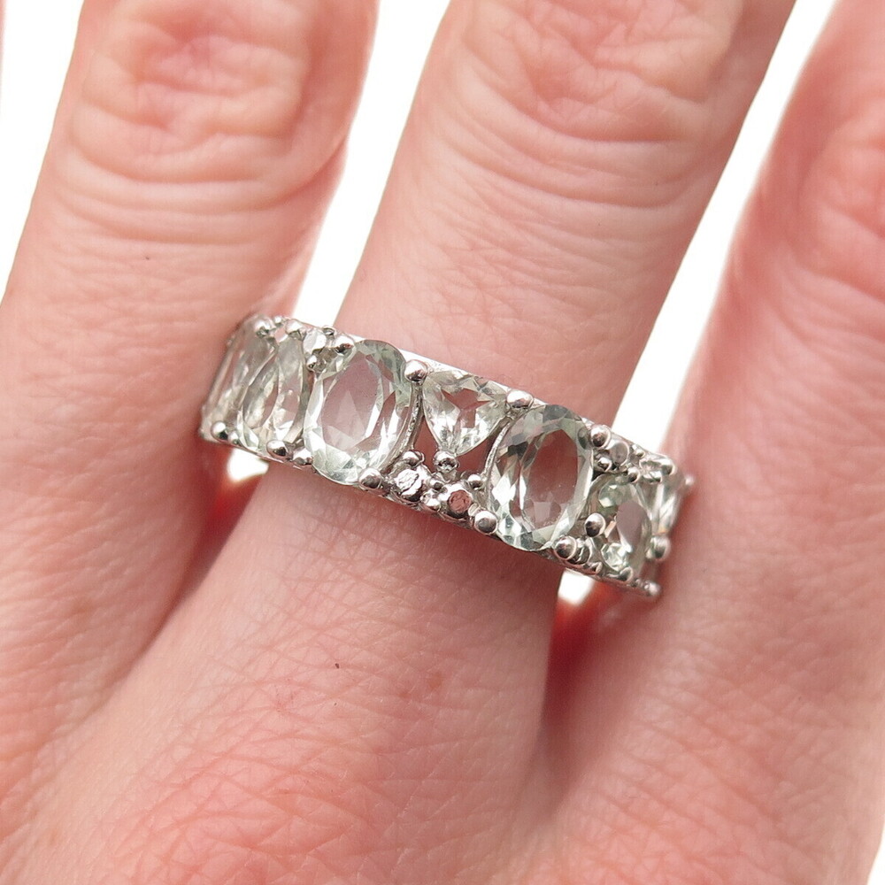 925 Sterling Silver Real Multi-Cut Green Amethyst Cluster Band Ring Size 8.25